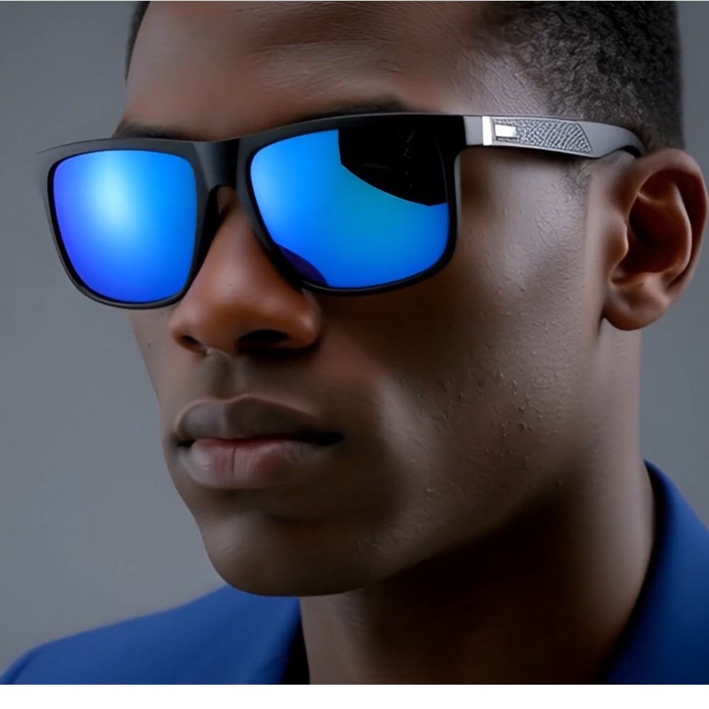 Men's Black Rectangular Sunglasses Blue Mirrored Lenses PC Frame Lentes Gafas